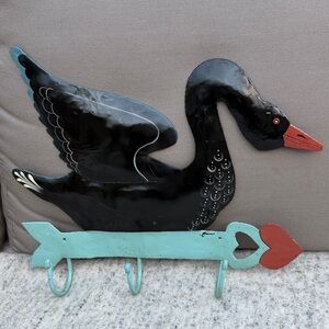 Vintage Toleware Painted Metal black swan Wall coat Hooks keys